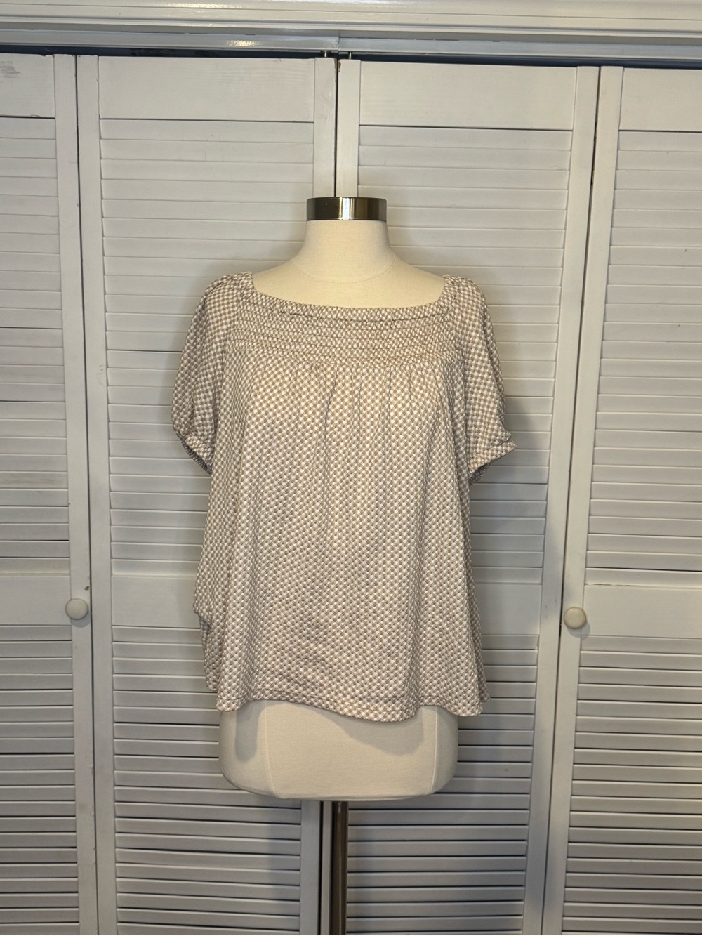 LOFT Cream Patterned Smocked-Neck Blouse